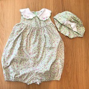 Vintage baby romper with matching hat 9 months floral print